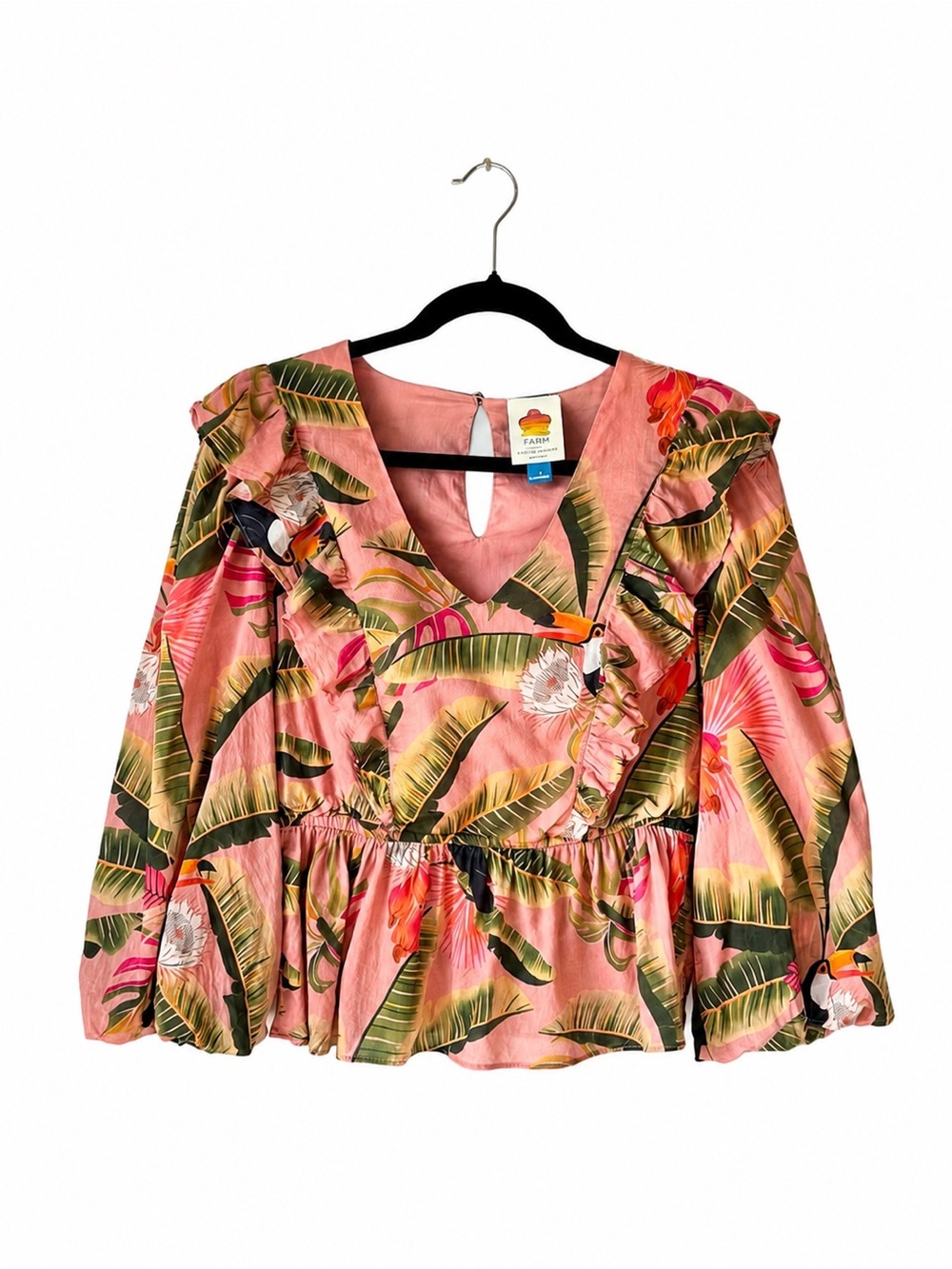 FARM Rio Anthropologie Tropical Ruffle Peplum Toucan Blouse Pink Palm Print (S)